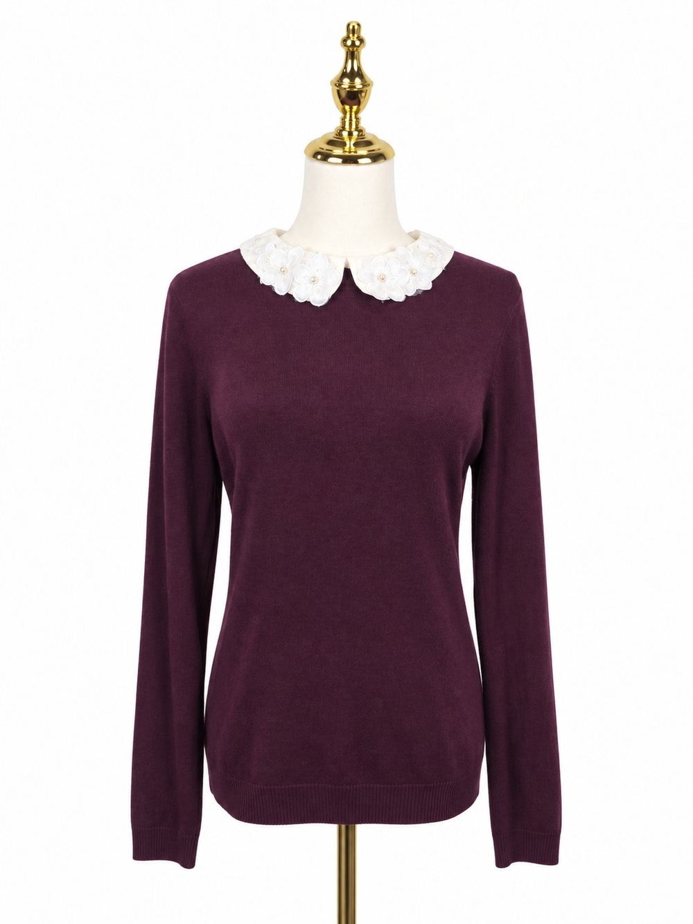 ELLE Twee Coquette Romantic 3D Floral Pearl Lace Peter Pan Collar Plum Sweater M